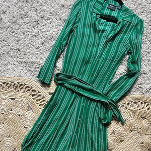 Anthropologie Maeve Martina Green Striped Belted Shirt Dress Size US 4